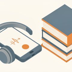 Isometric phone with an audiobook player, headphones, and a tall stack of books, representing Audible alternatives with unlimited listening instead of credits