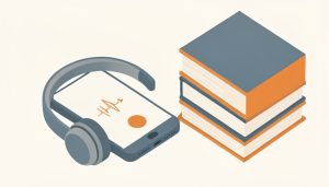 Isometric phone with an audiobook player, headphones, and a tall stack of books, representing Audible alternatives with unlimited listening instead of credits
