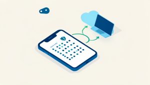 Isometric phone showing a one-time-code tile and shield with cloud sync arrows to a laptop and a recovery key, representing an authenticator app with backup