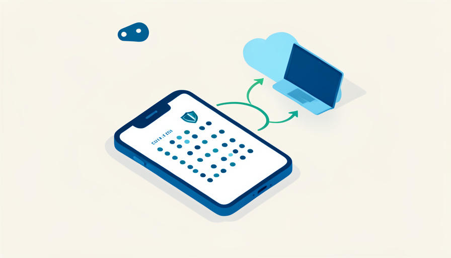 Isometric phone showing a one-time-code tile and shield with cloud sync arrows to a laptop and a recovery key, representing an authenticator app with backup