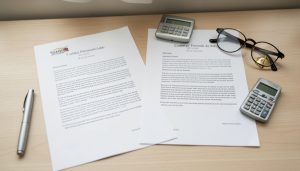 Two college financial aid award letters side by side on a desk with calculators, reading glasses, and a pen