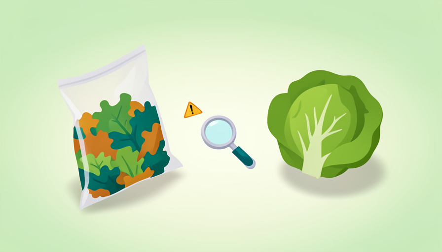 Isometric bag of mixed salad greens beside a whole head of lettuce with a magnifying glass and warning sign, comparing bagged salad and whole lettuce food safety