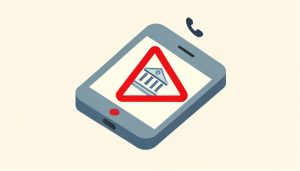 Isometric phone showing a red warning triangle over a bank icon with an incoming-call symbol, representing a bank fraud alert scam call or vishing