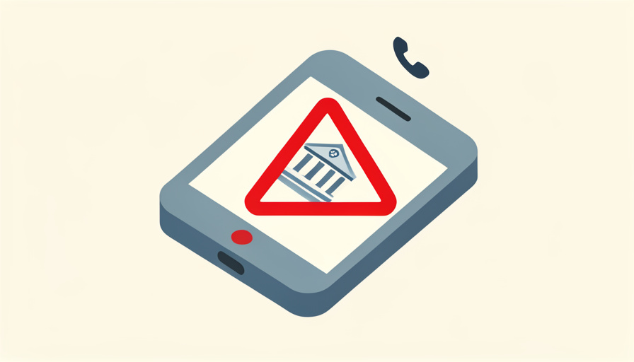 Isometric phone showing a red warning triangle over a bank icon with an incoming-call symbol, representing a bank fraud alert scam call or vishing