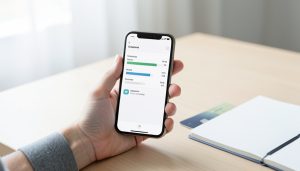 A person holding a smartphone showing an account balance screen with a debit card on a desk