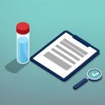 Isometric blood collection tube, a clipboard lab report, and a magnifying glass with a checkmark, representing baseline labs to get before starting TRT