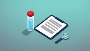 Isometric blood collection tube, a clipboard lab report, and a magnifying glass with a checkmark, representing baseline labs to get before starting TRT