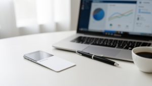 A blank insurance-style ID card on a desk beside a smartphone and a laptop showing an account dashboard