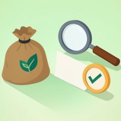Isometric garbage bag with a leaf emblem beside a magnifying glass over a blank label and a certification checkmark seal, representing checking a biodegradable trash bag for ASTM certification
