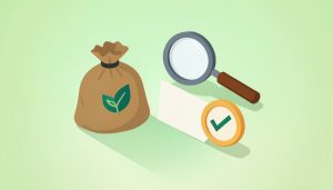 Isometric garbage bag with a leaf emblem beside a magnifying glass over a blank label and a certification checkmark seal, representing checking a biodegradable trash bag for ASTM certification