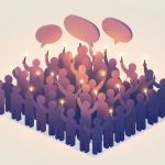 Isometric silhouette crowd holding up glowing lightsticks with several speech bubbles rising above them, representing collective fan demands