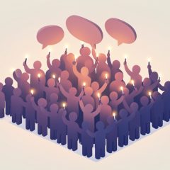 Isometric silhouette crowd holding up glowing lightsticks with several speech bubbles rising above them, representing collective fan demands