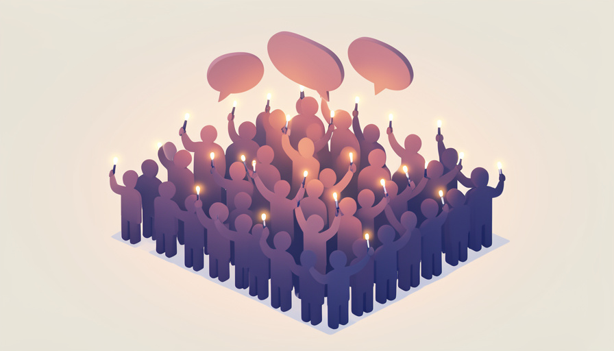 Isometric silhouette crowd holding up glowing lightsticks with several speech bubbles rising above them, representing collective fan demands
