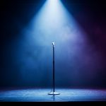 Empty concert stage with a single microphone stand under a spotlight