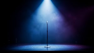 Empty concert stage with a single microphone stand under a spotlight