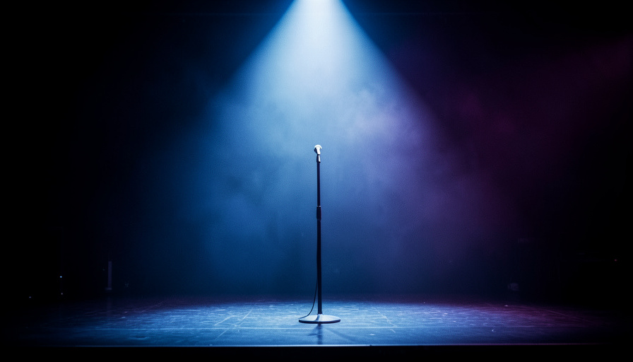 Empty concert stage with a single microphone stand under a spotlight