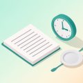 Isometric food log notebook beside a clock and a plate, representing a lag-aware bloating log for symptoms that start 24 to 48 hours after eating
