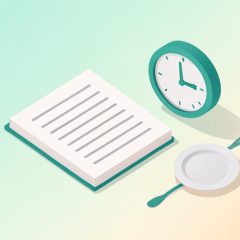 Isometric food log notebook beside a clock and a plate, representing a lag-aware bloating log for symptoms that start 24 to 48 hours after eating