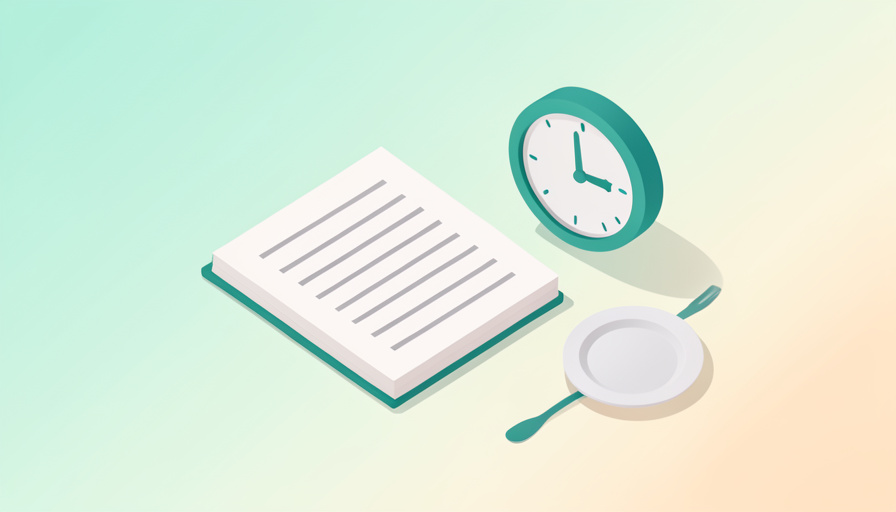Isometric food log notebook beside a clock and a plate, representing a lag-aware bloating log for symptoms that start 24 to 48 hours after eating