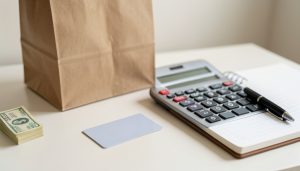 A paper shopping bag, a plain payment card, cash, and a calculator with a notebook on a clean desk