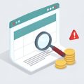Isometric booking calendar window with a magnifier over fine print, a stack of coins, and a warning triangle, on booking platform hidden fees