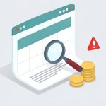 Isometric booking calendar window with a magnifier over fine print, a stack of coins, and a warning triangle, on booking platform hidden fees