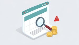 Isometric booking calendar window with a magnifier over fine print, a stack of coins, and a warning triangle, on booking platform hidden fees