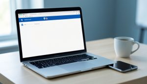 A laptop on a desk showing a browser window with a privacy shield icon and a mostly blank web page