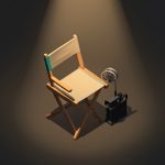 Isometric director's chair beside a small movie camera and film reel under a warm spotlight