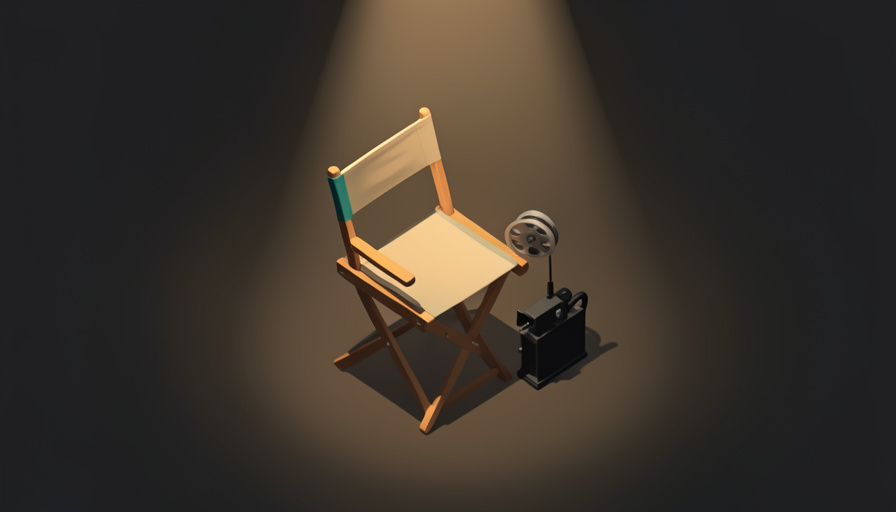 Isometric director's chair beside a small movie camera and film reel under a warm spotlight