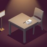 Isometric empty convention signing table with a chair, a stack of blank photo cards, and a pen under a soft spotlight
