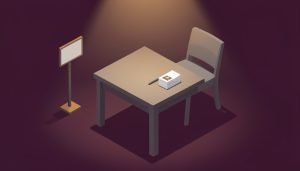 Isometric empty convention signing table with a chair, a stack of blank photo cards, and a pen under a soft spotlight