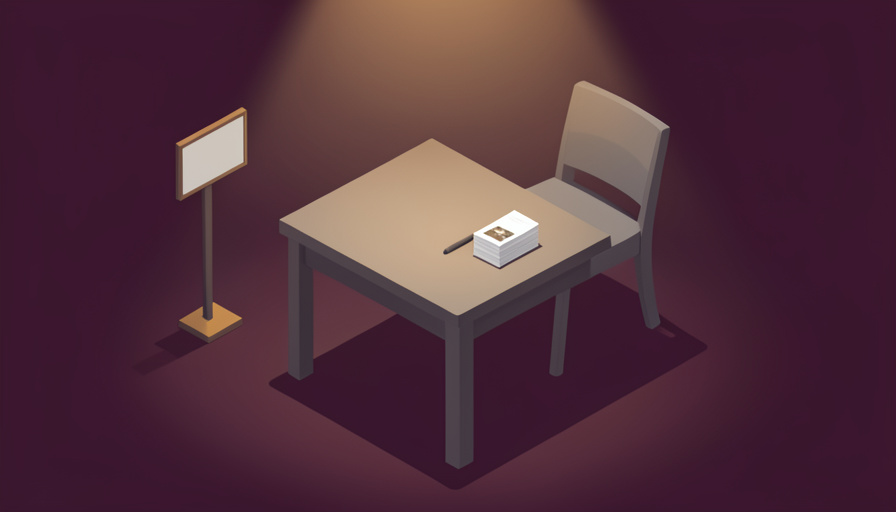 Isometric empty convention signing table with a chair, a stack of blank photo cards, and a pen under a soft spotlight