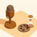 Isometric podcast microphone beside a film reel and a small hourglass under warm light, representing a candid on-air update from a filmmaker