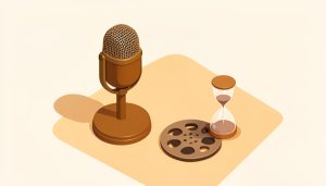 Isometric podcast microphone beside a film reel and a small hourglass under warm light, representing a candid on-air update from a filmmaker