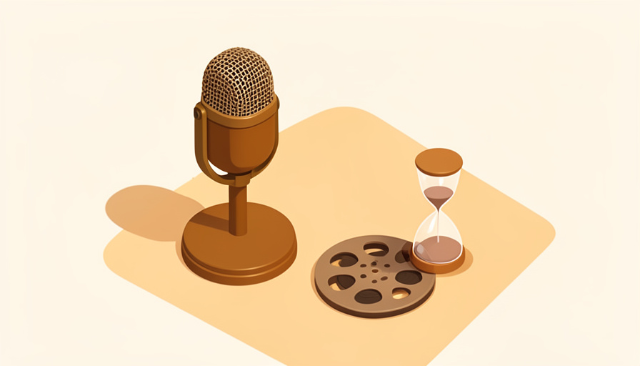 Isometric podcast microphone beside a film reel and a small hourglass under warm light, representing a candid on-air update from a filmmaker