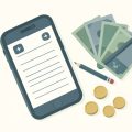 Isometric phone showing a manual ledger with add buttons beside banknotes, coins, and a pencil, representing budgeting apps that support manual cash tracking
