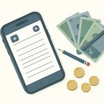 Isometric phone showing a manual ledger with add buttons beside banknotes, coins, and a pencil, representing budgeting apps that support manual cash tracking