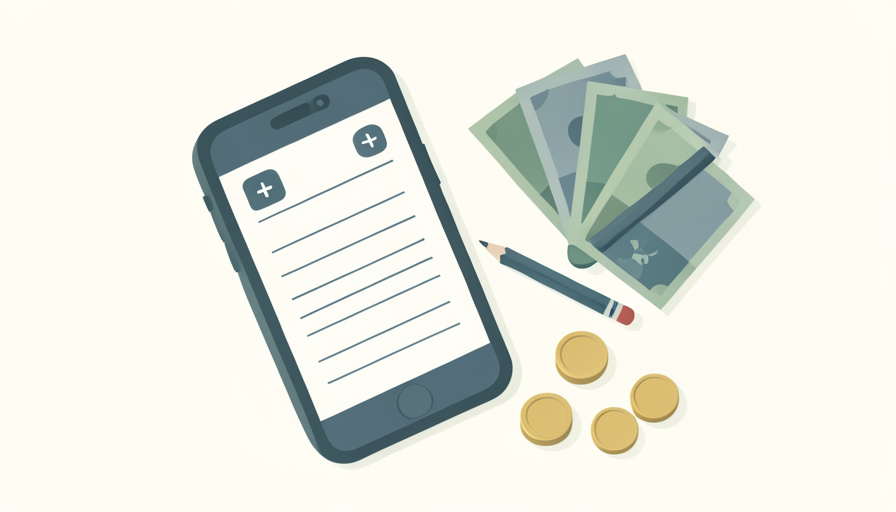 Isometric phone showing a manual ledger with add buttons beside banknotes, coins, and a pencil, representing budgeting apps that support manual cash tracking