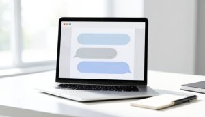 A laptop on a desk showing an abstract chat-bubble conversation interface beside a notebook and pen