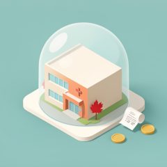 Isometric hospital building under a protective shield with a small itemized receipt sitting outside the shield