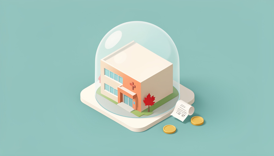 Isometric hospital building under a protective shield with a small itemized receipt sitting outside the shield