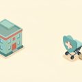 Isometric hospital building with a small stroller icon, a health-cross shield, and a coin, representing what provincial health coverage includes for childbirth