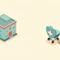 Isometric hospital building with a small stroller icon, a health-cross shield, and a coin, representing what provincial health coverage includes for childbirth