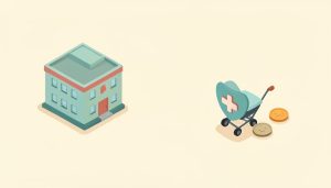 Isometric hospital building with a small stroller icon, a health-cross shield, and a coin, representing what provincial health coverage includes for childbirth