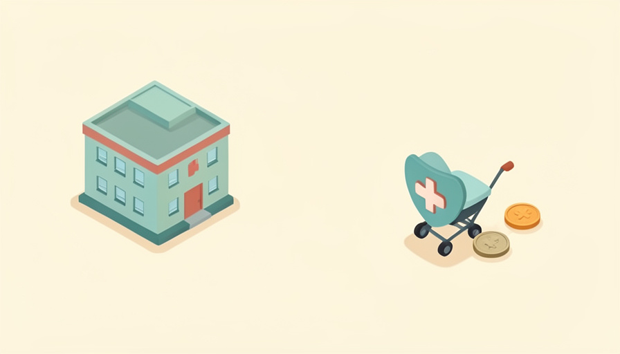 Isometric hospital building with a small stroller icon, a health-cross shield, and a coin, representing what provincial health coverage includes for childbirth