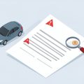 Isometric car beside a contract with red warning flags and a magnifying glass over the fine print, on car subscription contract red flags