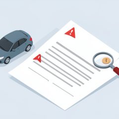 Isometric car beside a contract with red warning flags and a magnifying glass over the fine print, on car subscription contract red flags