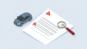 Isometric car beside a contract with red warning flags and a magnifying glass over the fine print, on car subscription contract red flags