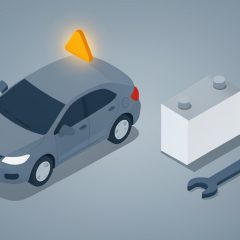 Isometric car with a warning triangle beside a blank car battery, an update arrow, and a wrench, representing checks for a car that won't start after an OTA update